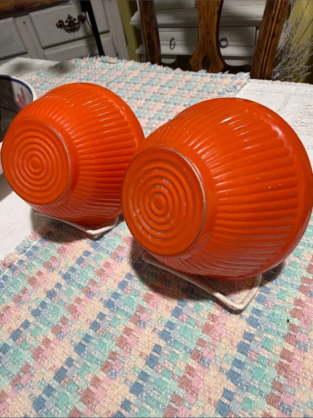 Vintage orange flashed ribbed glass anchor hocking refrigerator bowls